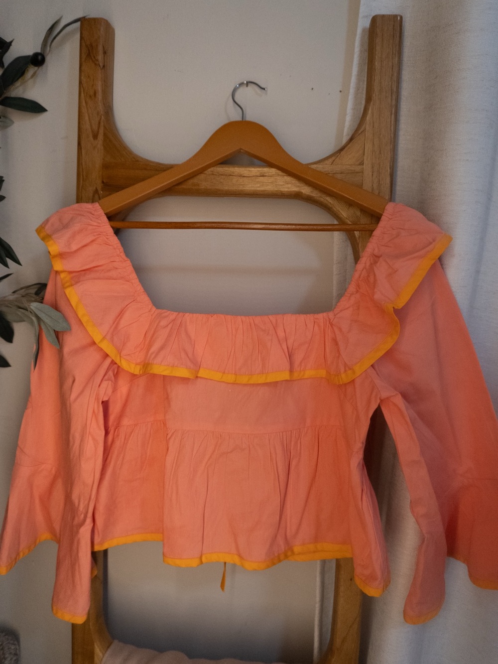 Anthropologie Pink Ruffle Off-Shoulder Crop Top with Orange Trim - Picture 2 of 5